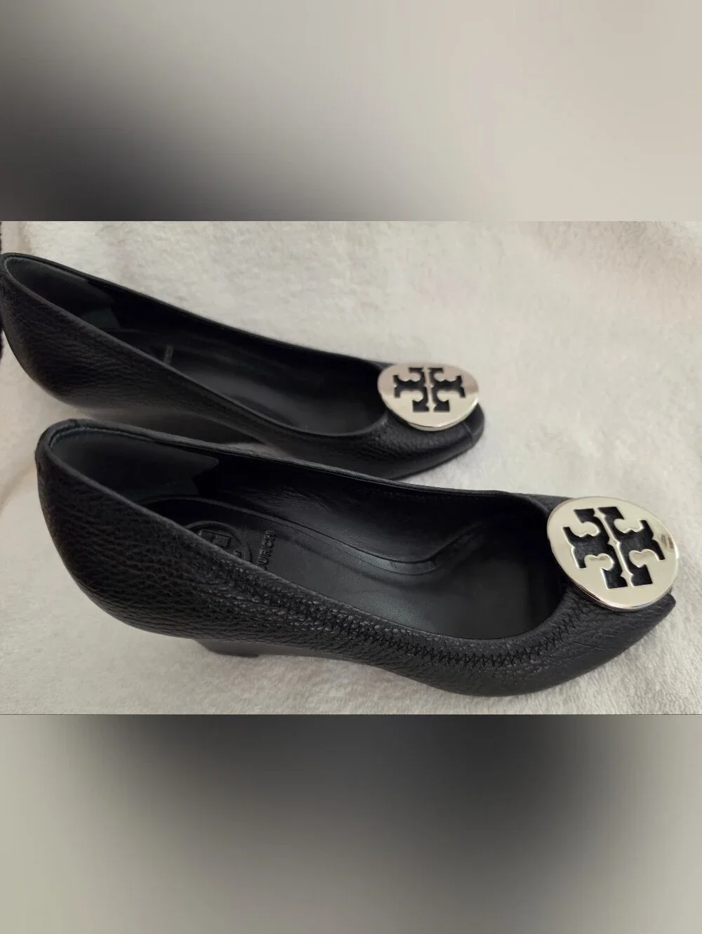 Tory Burch Black Leather Logo Toe  with Silver Emblems
